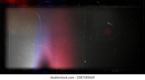 Dark grainy texture overlay with scratches and dust particles. Vintage film noise effect with subtle red light leaks and scrapes pattern. Atmospheric cinematic background for retro photo editing.