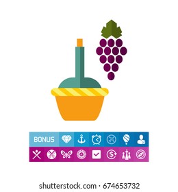 Dark grape bunch with wine bottle