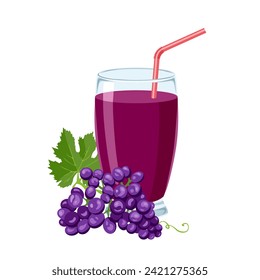 Dark grape juice in glass isolated on white background. Fresh fruit drink. Vector cartoon illustration.