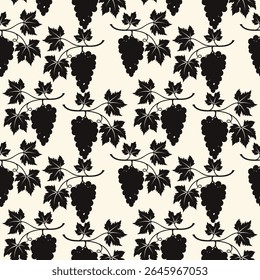 Dark Grape vine pattern, vine silhouette on creme background. 