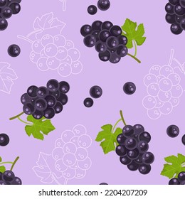 Dark grapes seamless pattern. Purple background with bunches of grapes and green leaves. Vector flat illustration.