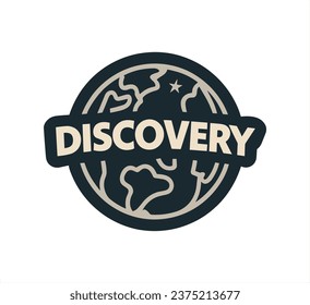Logo gráfico oscuro en un fondo blanco - las palabras "Descubrimiento" en forma de planeta tierra, sin degradados. Adecuado para comunidades científicas y educativas