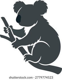 A dark, graphic silhouette of a koala bear perched on a tree limb, rendered in a simple, clean style.