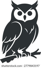 A dark, graphic silhouette of an owl with large eyes and ear tufts sits on a simple branch.