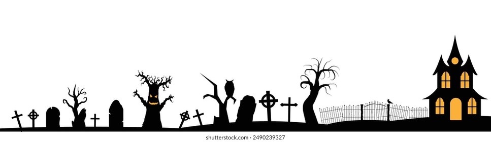 Dark Graveyard Halloween Landscape with Barren Trees and Crosses. Seasonal national holiday concept vector art
