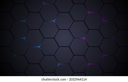 Fondo abstracto del vector de tecnología hexagonal gris oscuro en 3D. La energía azul y rosa se desliza bajo el hexágono en la moderna tecnología de ilustración vectorial de fondo futurista. Cuadrícula de textura de abeja gris.