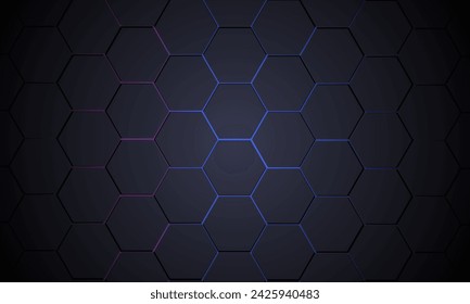 Dark gray 3D hexagonal technology vector abstract gaming background with blue and pink colored bright flashes under hexagon vector illustration. Dark gray honeycomb texture grid.