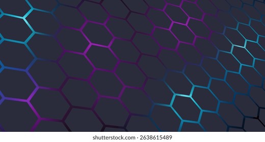Dark gray 3D hexagonal technology vector abstract background. Blue and pink energy flashes under hexagon in modern technology futuristic background vector illustration, eps10