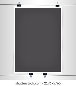 Dark Gray A4 A3 Format Paper Poster with Paper Clips, Shadow and Wire Vector Illustration