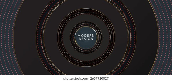 Dark Gray Abstract Background with Concentric Gold Outlined Circles, Accented by Small Red Speckled Dots Along the Curves, Creating a Sophisticated Geometric Design with Depth and Visual Interest