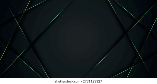 Fundo abstrato cinza escuro com decoração moderna e futurista de listras verdes neon brilhantes. Design de traçado de sombra sobreposto com espaço vazio para texto. VOL. 2