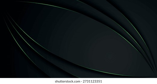 Fondo abstracto gris oscuro con decoración moderna y futurista de rayas verdes de neón brillantes. Diseño de trazo de sombra superpuesto con espacio vacío para texto. VOL. 3