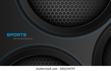 Fondo vectorial de deportes metálicos futuristas abstractos gris oscuro con fibra de carbono hexagonal. Fondo oscuro con rejilla de peine de abeja y forma abstracta metálica 3d. Banner futurista moderno para juegos deportivos.