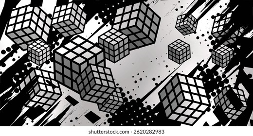 Dark gray abstract racing background with 3d cube object, vector, eps 10.