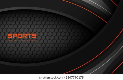 Dark gray abstract sports vector background with hexagon carbon fiber and orange lines. Futuristic modern sporty gaming banner. Vector illustration.