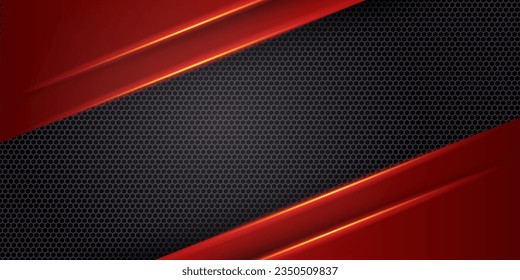 Dark gray abstract wide horizontal banner with hexagonal carbon fiber grid and orange glowing lines. Technology vector background with golden neon lines. Futuristic luxury modern vector background.