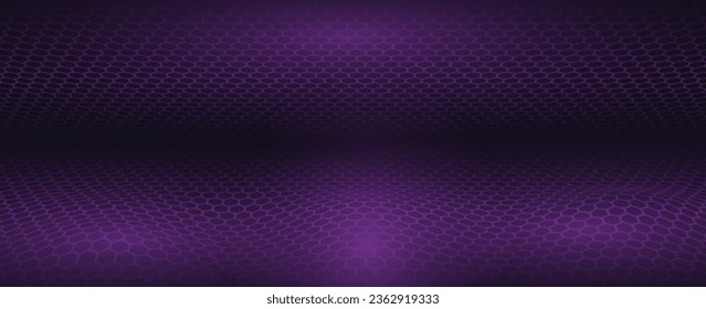 Dark gray abstract wide horizontal banner with carbon fiber grid of hexagons and purple glowing lines. Technology vector background with purple neon