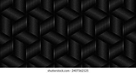 Dark gray abstract wide horizontal banner with hexagon carbon fiber grid and orange glowing lines. Technology vector background with orange neon lines eps 10