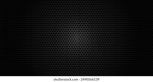 Dark gray abstract wide horizontal banner with carbon fiber grid of hexagons and glowing lines. vector illustration.