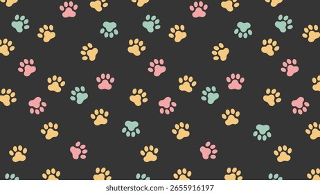 Fundo cinza escuro adornado com um padrão colorido de impressões de pata rosa, amarela e azul-petróleo. Um vetor divertido e sem emenda para vários designs