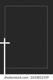 Um plano de fundo cinza escuro apresenta uma borda retangular tracejada branca e uma cruz branca em negrito no canto inferior esquerdo. Este design minimalista é adequado para fins solenes ou comemorativos.