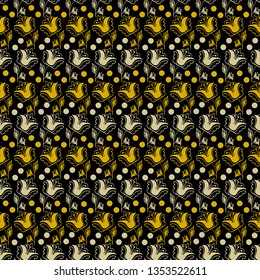 dark gray background with golden flowers and white folk style