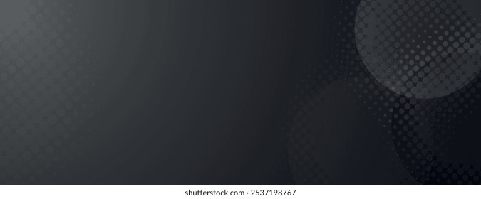Dark gray background with halftone gradient effect and dotted texture. The background features gray circles and a sleek, modern style. Minimal halftone vector gradient background