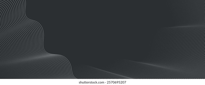 Dark gray background with wavy line patterns. The background is sleek and modern, featuring a smooth gray texture with dynamic gray curves. Minimal abstract wavy gradient vector background