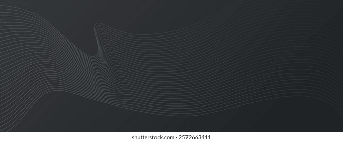 Dark gray background with wavy line patterns. The background is smooth and modern, featuring gray lines on a gray surface. Modern wavy line pattern background. Black background vector.