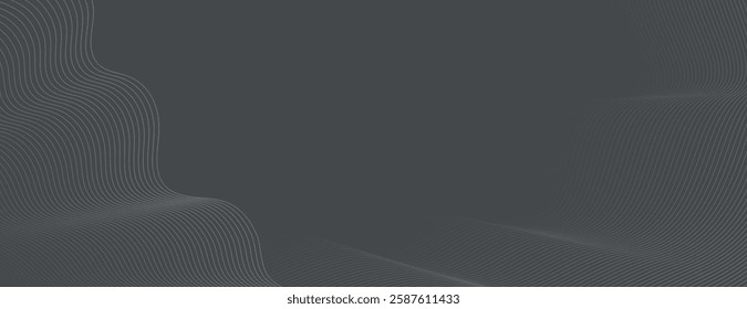 Dark gray background with wavy line patterns. The gray background has a smooth texture, creating a modern and sleek look. Minimal abstract flow line vector gradient background