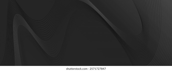 Dark gray background with wavy lines. The background features a smooth, flowing texture. Gray color enhances the modern style. Wavy line pattern background. Black background vector.