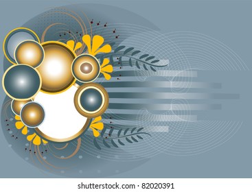 Dark gray background with yellow flowers and sphere.