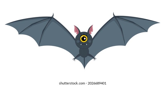 Dark gray bat in flight. One-eyed cute character. Joyful. Smiling. Vector illustration in a flat style. Isolated on a white background. For design. Halloween