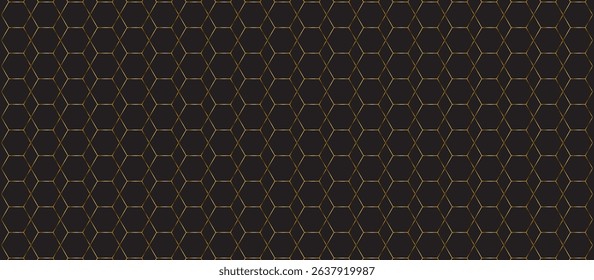 Dark Gray or Black Background with Vertical Interconnected Stylized Golden Hexagons and Diamonds, Outlined with Thin Gold Lines and Filled with Dotted Texture for a Sophisticated Geometric Pattern