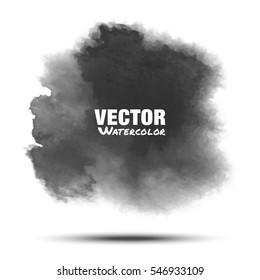 Dark gray black transparent watercolor vector grunge smear stain isolated on white background with realistic paper watercolor texture. Aquarelle grey spot. Blur light wash drawing design element