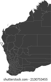 Dark gray blank flat vector administrative map of local government areas of the Australian state of WESTERN AUSTRALIA with white border lines of its areas