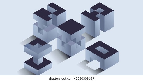 Dark gray blocks arranged in a floating structure with an isometric perspective - Powered by Shutterstock - Get 15% off with code: PIKWIZARD15