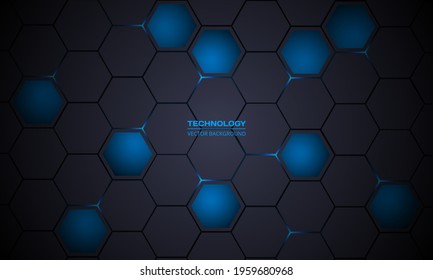 Dark gray and blue hexagonal technology abstract vector background. Blue bright energy flashes under hexagon in modern futuristic technology background. Dark gray honeycomb texture grid illustration.