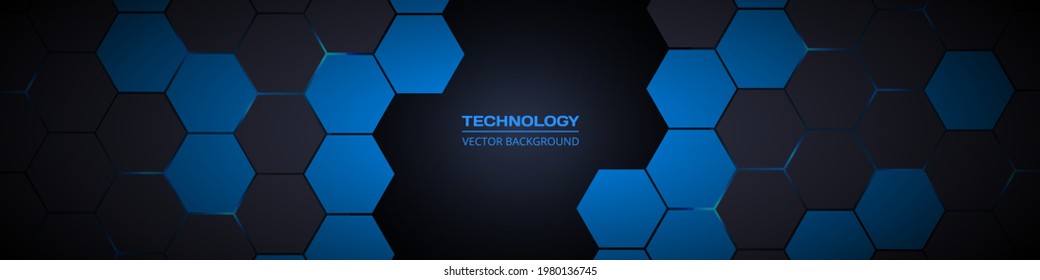 Fondo vector horizontal abstracto de tecnología hexagonal gris oscuro y azul. La energía azul brillante estalla bajo el hexágono en una moderna pancarta futurista de tecnología ancha. Cuadrícula de textura oscura del peine de miel.