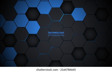 Dark gray and blue hexagonal technology abstract vector background. Blue flashes under hexagon in modern futuristic technology background. Dark gray honeycomb texture grid. Vector illustration