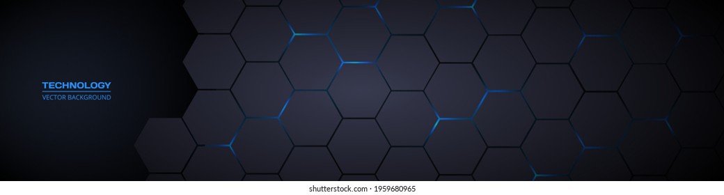 Dark gray and blue horizontal hexagonal technology abstract vector background. Blue bright energy flashes under hexagon in futuristic modern technology wide banner. Dark gray honeycomb texture grid.