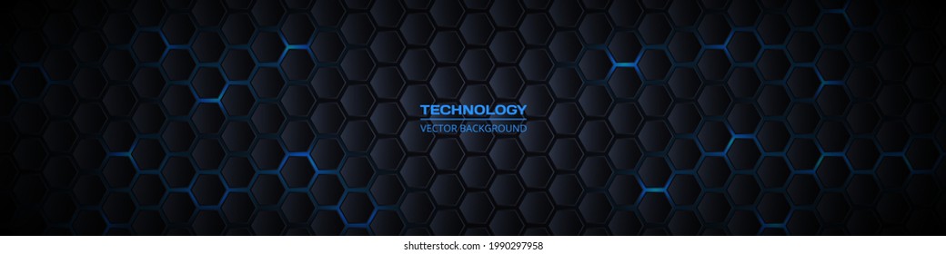 Dark gray and blue horizontal hexagonal 3d technology abstract vector background. Blue bright energy flashes under hexagon in futuristic modern technology wide banner. Dark gray honeycomb texture grid