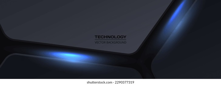 Dark gray and blue horizontal technology abstract vector background. Blue bright energy flashes under angles in futuristic modern technology wide banner. Dark gray honeycomb texture grid.