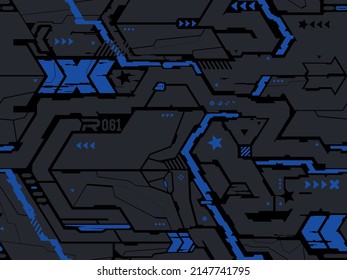 Dark gray and blue technology hexagon vector background. High-tech futuristic modern seamless pattern for fabric, t-shirt or car vinyl. Wrap decal for car livery rally style and purpose of branding