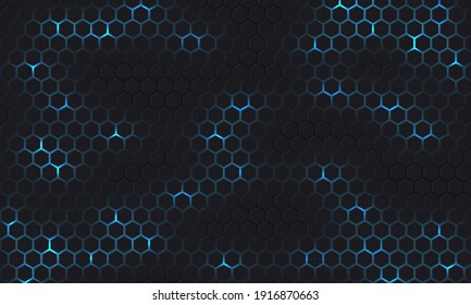 Dark gray and blue technology hexagonal vector background. Abstract blue bright energy flashes under hexagon in dark hi-tech futuristic modern vector background. Gray gaming honeycomb texture grid.