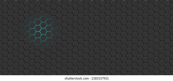 Dark gray and blue technology hexagonal vector background. Abstract blue bright energy flashes under hexagon in dark hi-tech futuristic modern vector background. Gray gaming honeycomb texture grid.