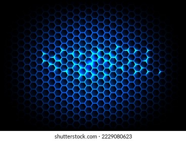 
Dunkelgrauer und blauer Technologie, sechseckiger Vektorhintergrund. Abstrakte blaue, helle Energie blinkt unter einem Hexagon in einem dunklen, futuristischen, modernen, modernen, Vektorhintergrund, der Honeycomb-Textur-Raster spielt.