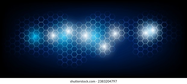 Dark gray and blue technology hexagonal vector background. Abstract blue bright energy flashes under a hexagon in a dark hi-tech futuristic modern vector background gaming honeycomb texture grid.