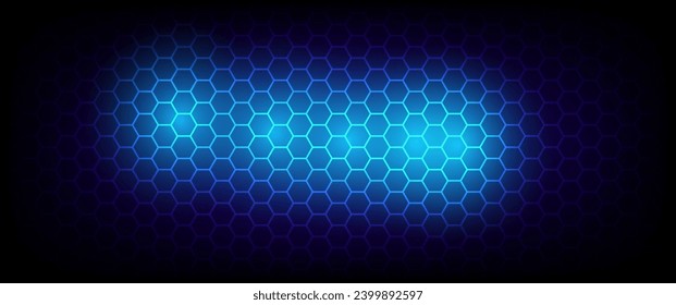 Fondo de vector hexagonal de tecnología gris oscuro y azul. Resumen de energía brillante azul bajo un hexágono en una red de textura de nenúfago futurista de alta tecnología moderna para juegos de fondo vectorial.