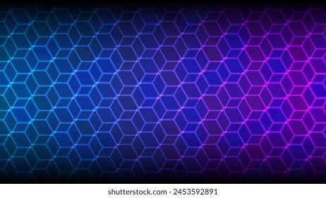 Technologie grise et bleue foncée, arrière-plan Image vectorielle hexagonal .  Abstrait bleu brillant clignote sous un hexagone dans une grille de texture en forme de peigne de miel futuriste moderne et foncé de haute technologie  Image vectorielle.